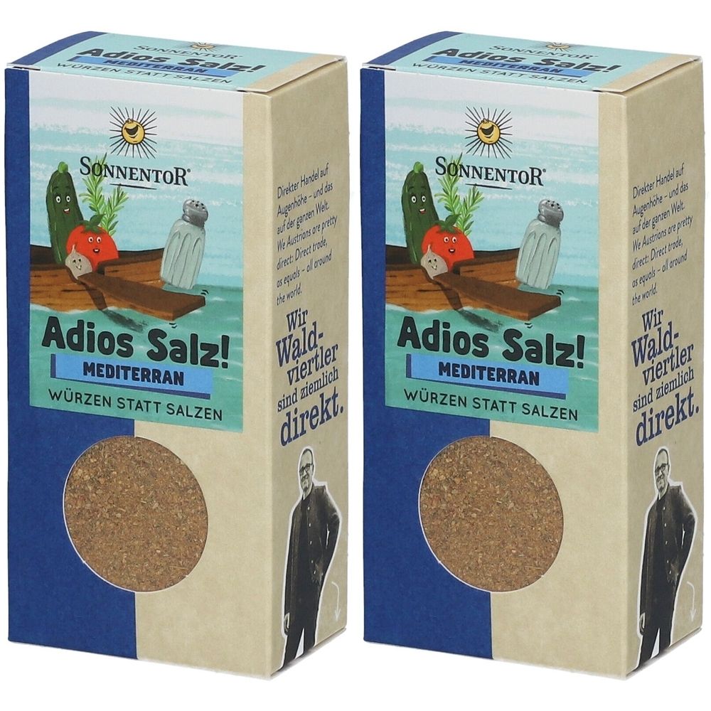 Zwei rechteckige Kartons mit Aufschrift "Adios Salz!" und "MEDITERRAN". Marke: SONNENTOR. Illustrationen von Gemüse.
