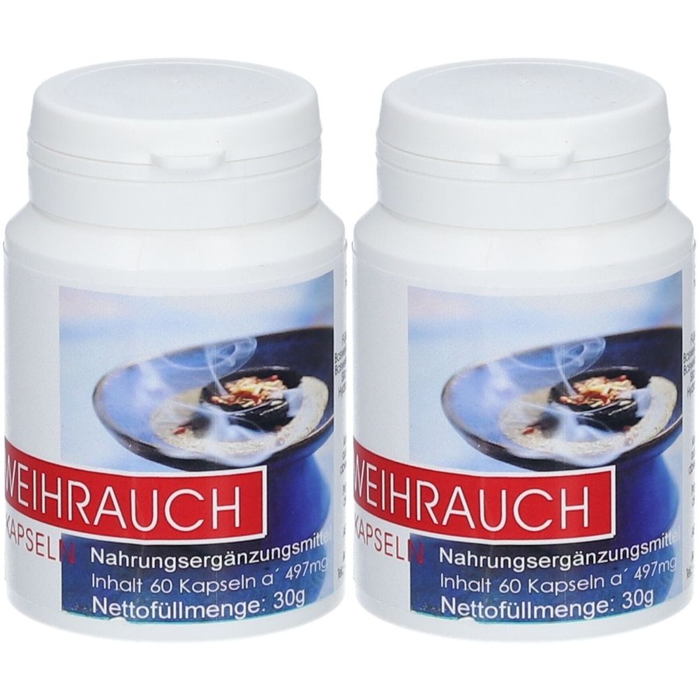 Zwei weiße Kunststoffdosen mit Klappdeckel. Aufschrift: WEIHRAUCH, Nahrungsergänzungsmittel. Inhalt 60 Kapseln. Nettofüllmenge: 30g.