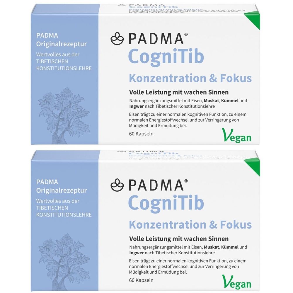Zwei Schachteln PADMA CogniTib. Aufschrift: Konzentration & Fokus. Enthält 60 Kapseln. Vegan-Siegel.