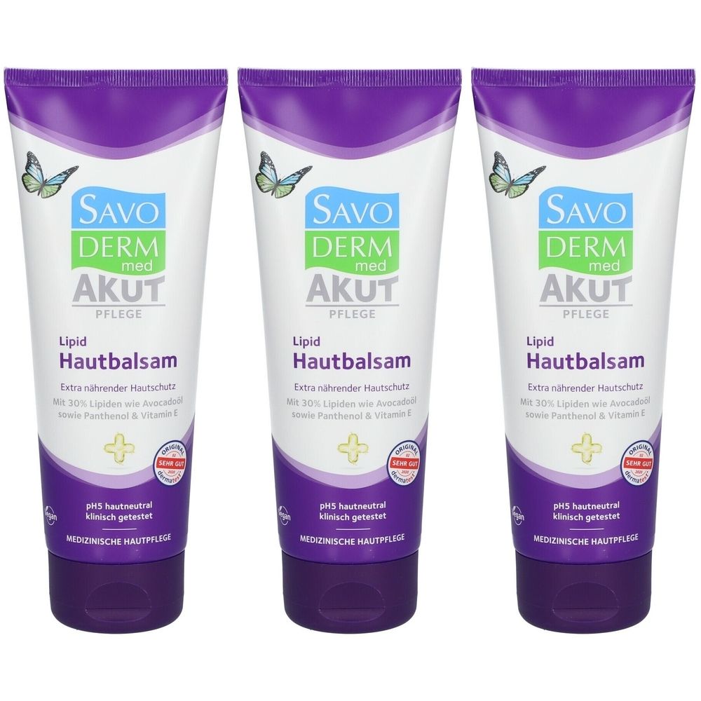 Drei Tuben SAVODERM Akut Lipid Balsam. Weiße Tuben mit lila und grünen Akzenten. Text: Lipid Hautbalsam, pH5 hautneutral.