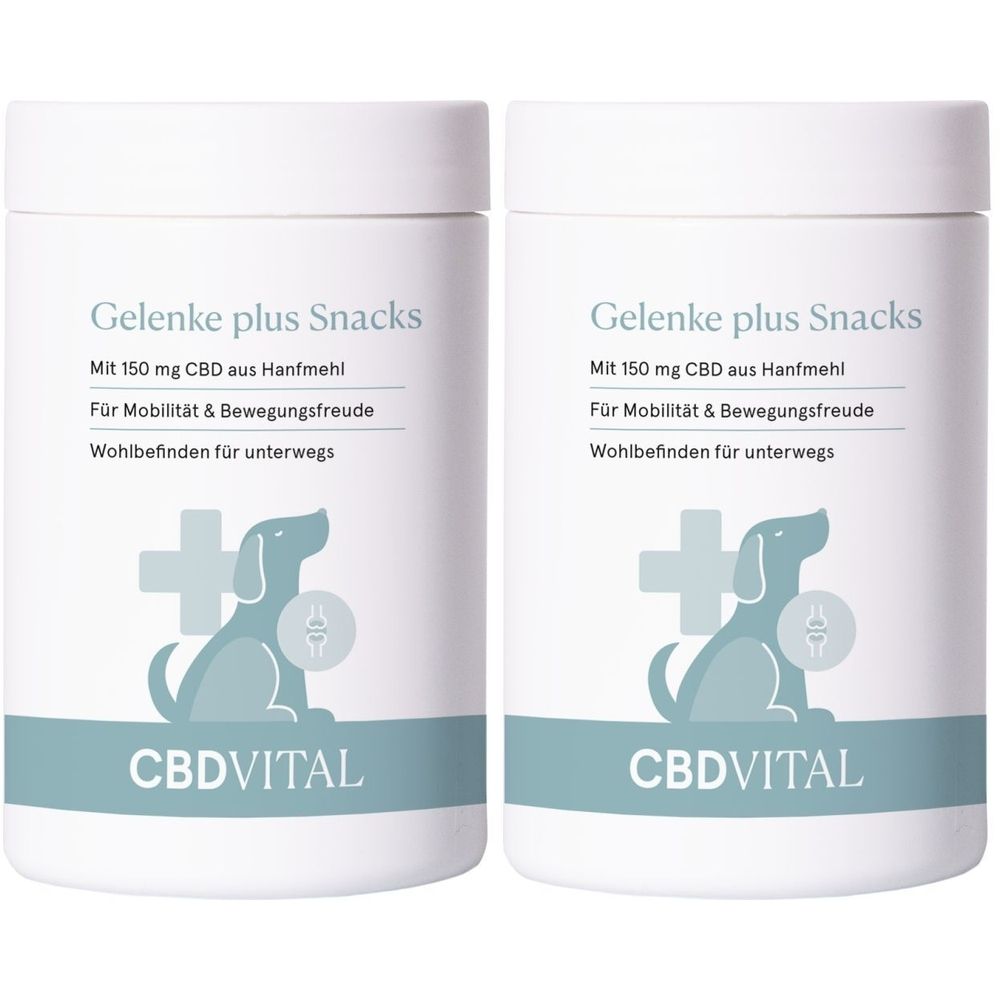 Zwei weiße Dosen mit blauem Etikett. Aufschrift: Gelenke plus Snacks, CBD VITAL. Enthält 150 mg CBD aus Hanfmehl. Für Hunde.