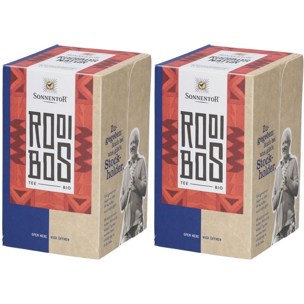 Zwei rechteckige Teeboxen. Aufschrift: SonnentoR Rooibos Tee Bio. Verpackung mit rotem Muster und blauem Rand. Abbildung einer Person.
