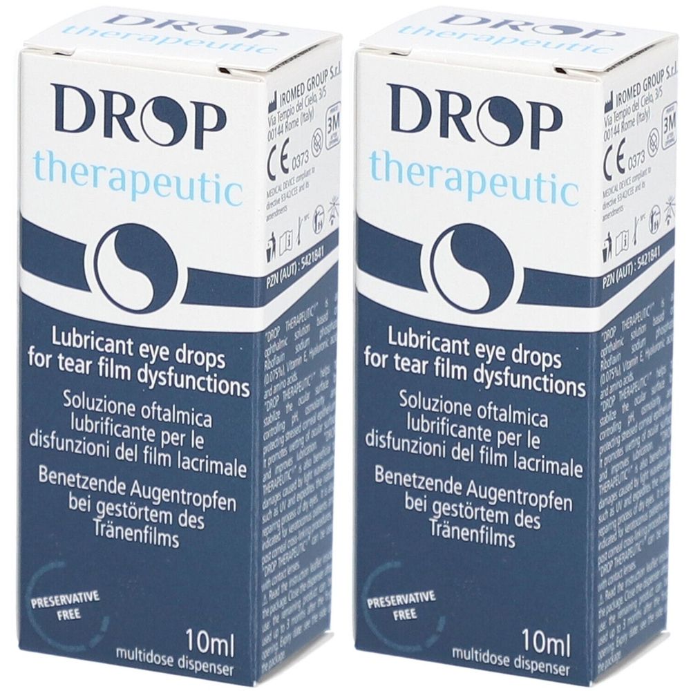 Zwei Schachteln mit "DROP therapeutic" Augentropfen. Aufschrift: "Lubricant eye drops for tear film dysfunctions". 10ml, Mehrdosen-Dispenser.
