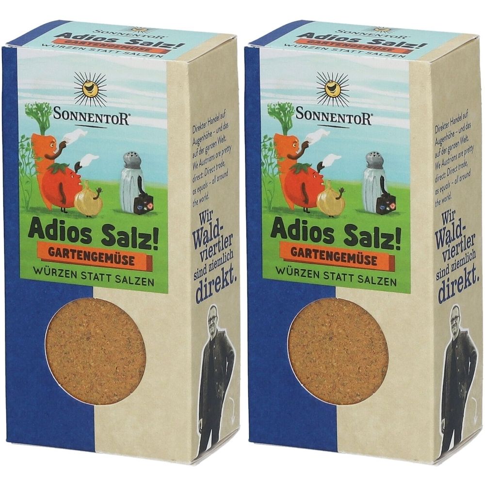 Zwei Kartons Sonnentor Adios Salz! Gartengemüse. Blaue und beige Verpackung mit Produktnamen und Illustrationen.