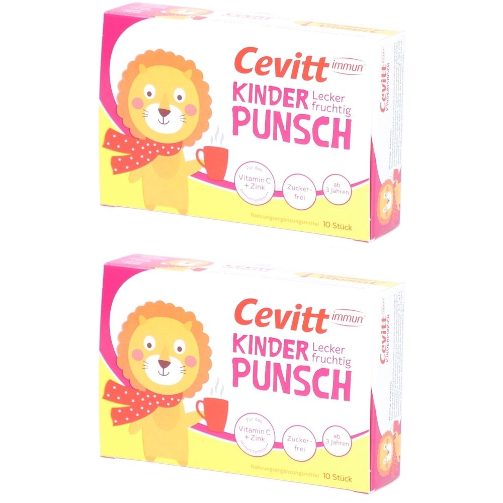 Zwei Packungen Cevitt immun® Kinderpunsch. Auf jeder Packung ist ein Löwe mit Schal und Tasse abgebildet. Text: Kinder Punsch.