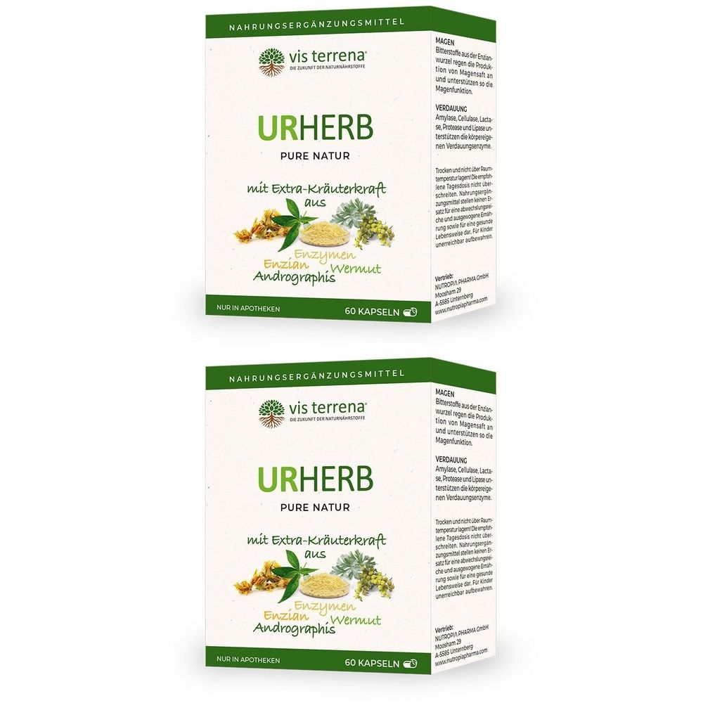 Zwei Kartons vis terrena® URHERB. Aufschrift: URHERB, Pure Natur, mit Extra-Kräuterkraft aus Enzymen, Enzian, Wermut, Andrographis. 60 Kapseln.