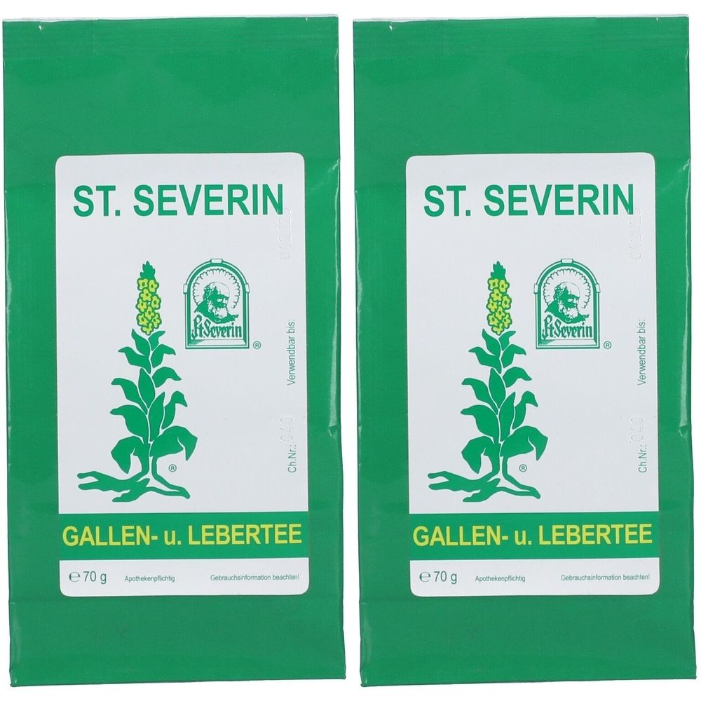 Zwei grüne Beutel mit weißem Etikett. Aufschrift: ST. SEVERIN, Gallen- u. Lebertee. Logo mit Pflanze. Gewicht: 70 g.