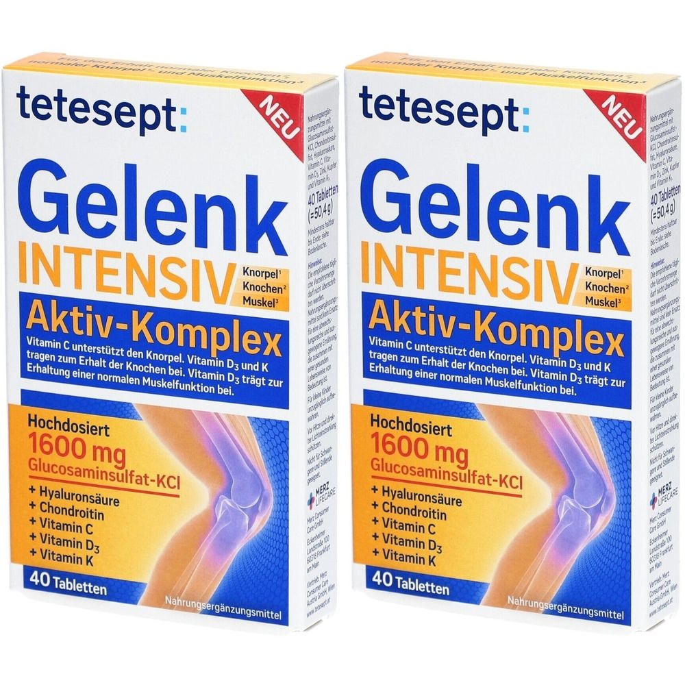 Zwei Packungen tetesept® Gelenk Intensiv Tabletten. Weiße Schachteln mit blauer und gelber Schrift. Enthält 40 Tabletten.