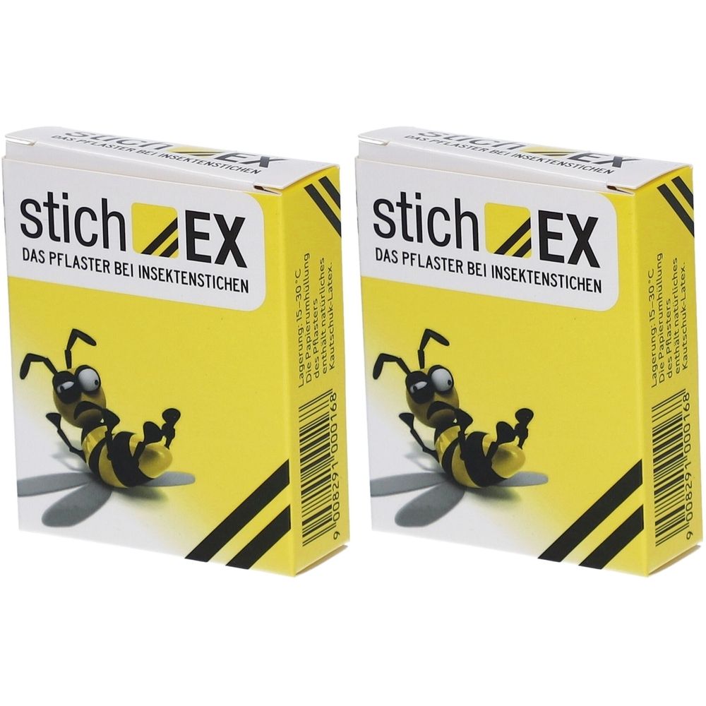 Zwei Schachteln mit gelbem Hintergrund. Aufschrift: stich EX, Das Pflaster bei Insektenstichen. Abbildung einer Biene.