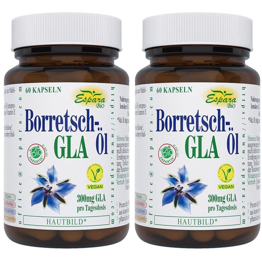 Zwei braune Glasflaschen mit weißen Deckeln. Auf den Etiketten steht "Borretsch-GLA 01", "VEGAN" und "300mg GLA".