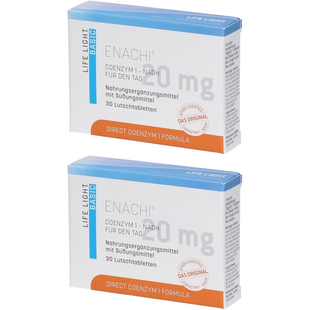 Zwei Schachteln mit der Aufschrift ENACHI, Coenzym 1-NADH, 20 mg. Nahrungsergänzungsmittel mit Süßungsmittel. 30 Lutschtabletten.