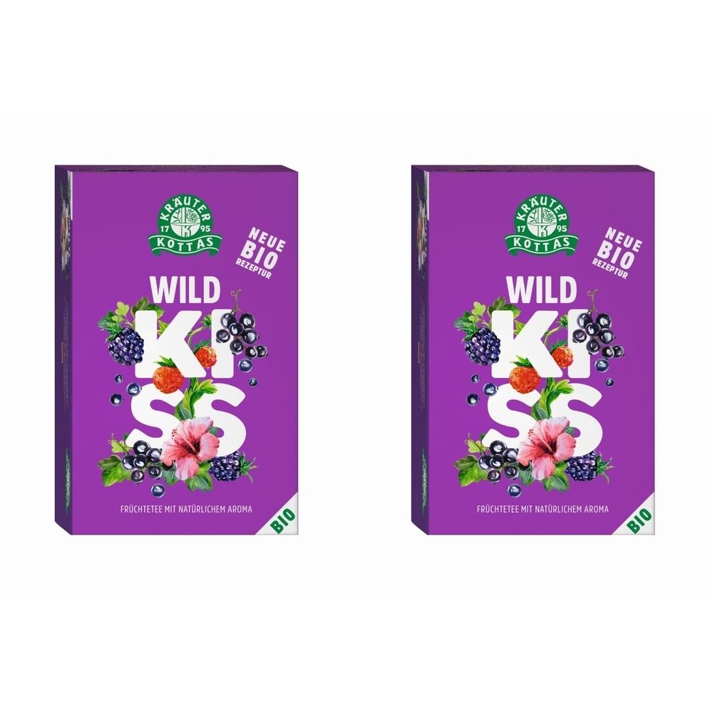 Zwei identische, rechteckige Verpackungen. Auf lila Grund steht "WILD KISS" mit floralen Elementen. Oben links Logo, rechts "NEUE BIO".