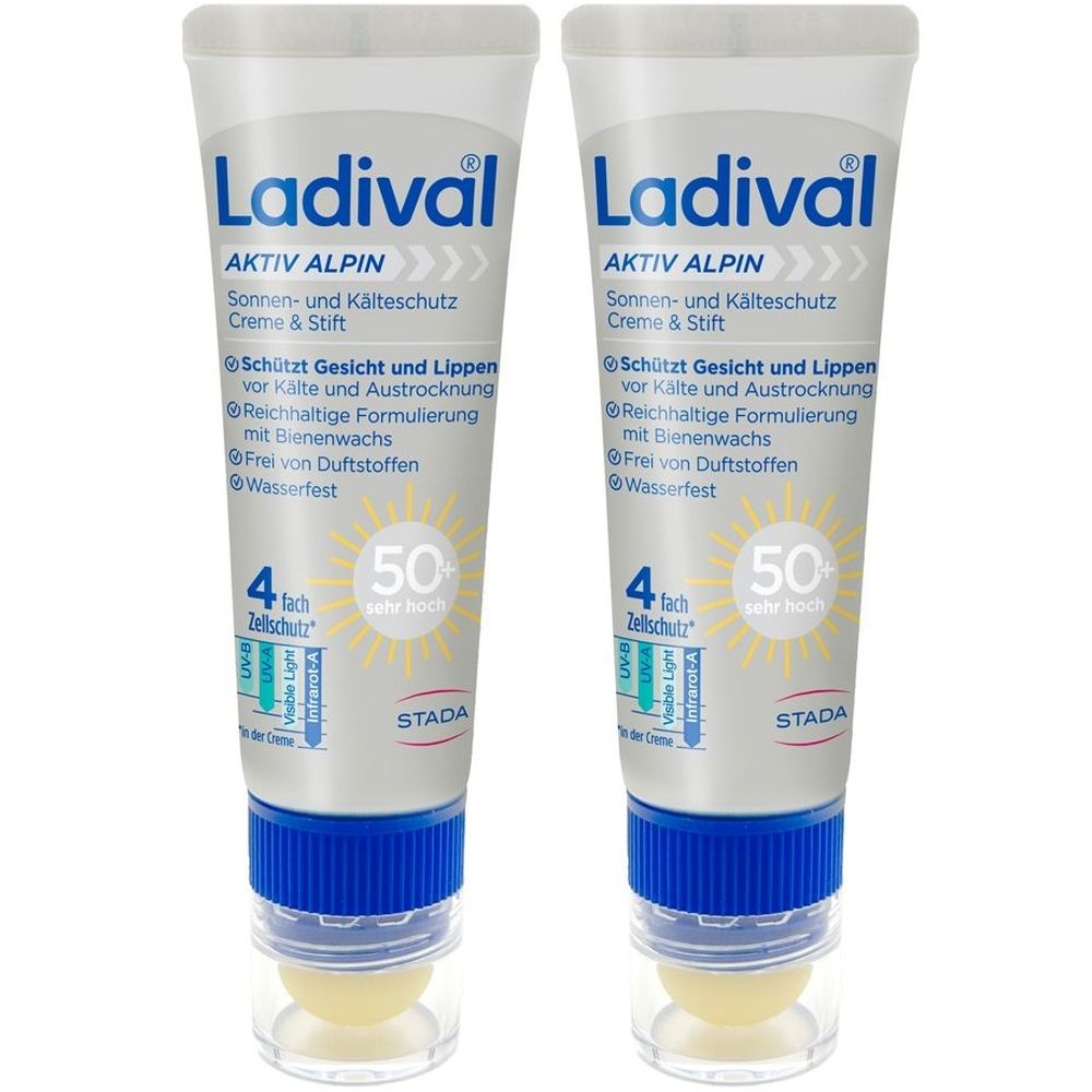Zwei Tuben Ladival® AKTIV ALPIN Sonnenschutz Creme & Stift LSF 50+. Weiße Tuben mit blauer Kappe und Stift. Text auf Deutsch.