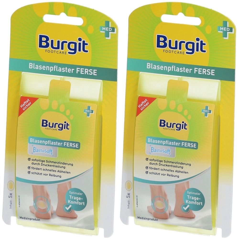 Zwei Blasenpflaster-Verpackungen. Aufschrift: Burgit, Blasenpflaster Ferse. Medizinprodukt. Enthält 5 Pflaster. Mit Tragekomfort-Symbol.