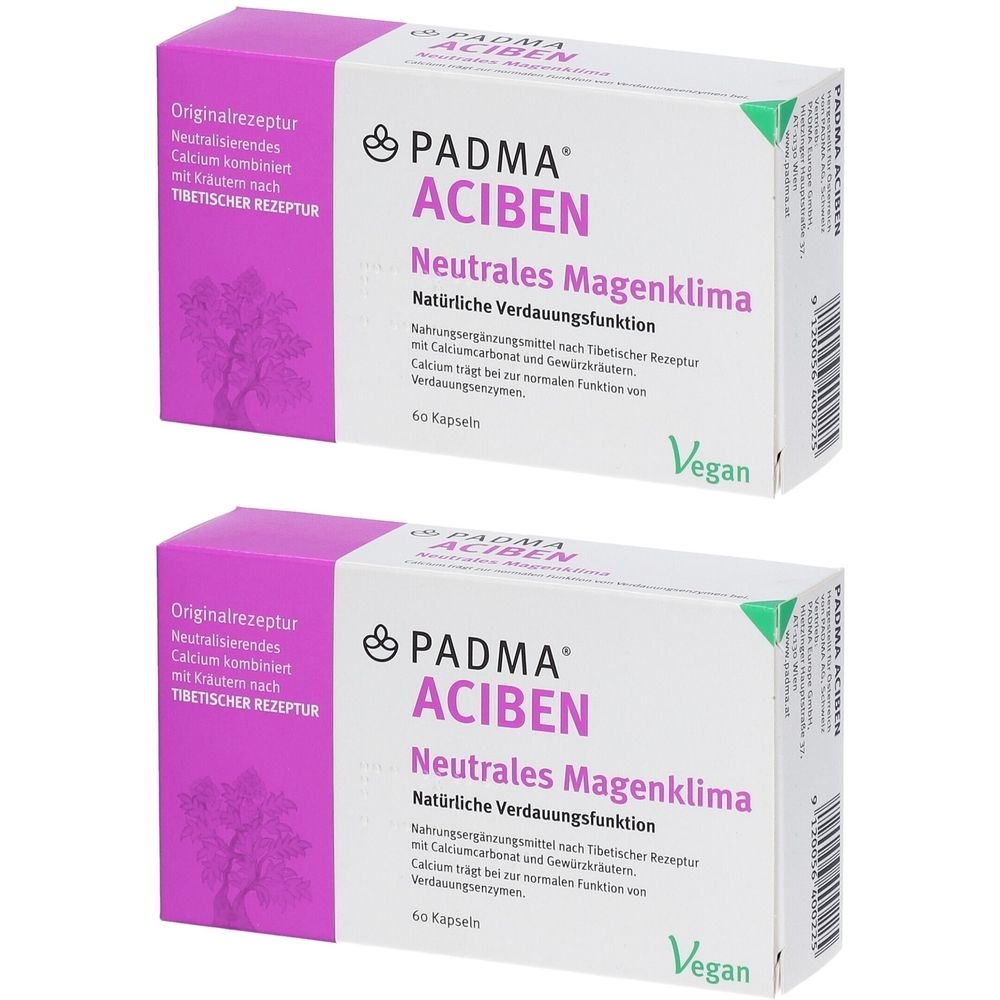 Zwei Schachteln PADMA ACIBEN Kräuterkapseln. Weiße Schachteln mit lila und grünen Akzenten. Aufschrift: PADMA ACIBEN, Neutrales Magenklima, Vegan.