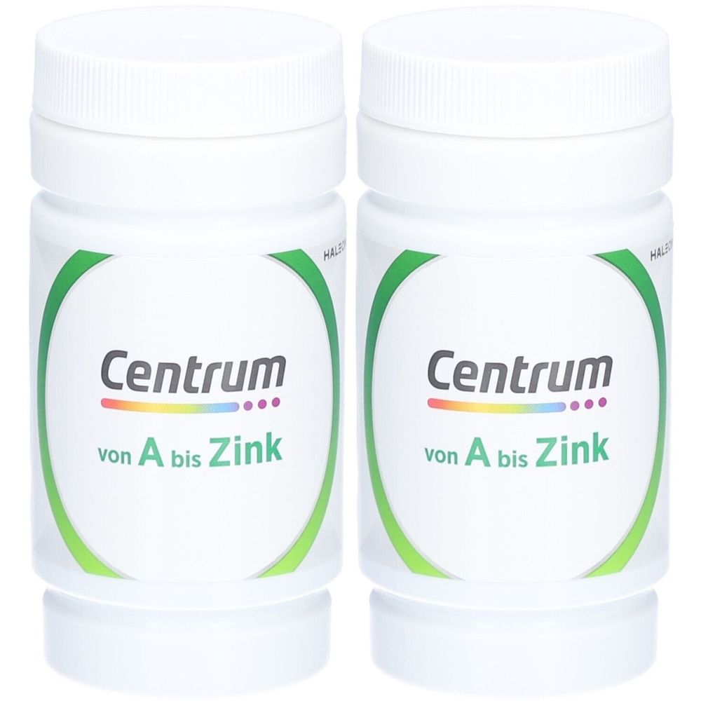 Zwei weiße Flaschen mit Deckel. Aufschrift: Centrum von A bis Zink. Grüner Bogen verziert die Flaschen.