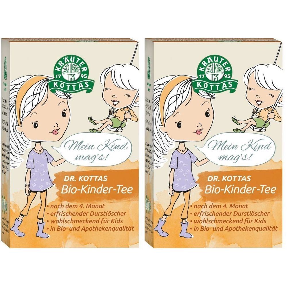 Zwei Kartonverpackungen von DR. KOTTAS Bio-Kinder-Tee. Aufdruck: Illustration eines Kindes, Text "Mein Kind mag's!" und Produktinformationen.