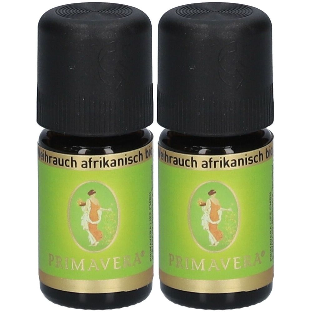 Zwei kleine Glasflaschen mit schwarzem Deckel. Auf den Etiketten steht "Weihrauch afrikanisch bio" und "PRIMAVERA®".