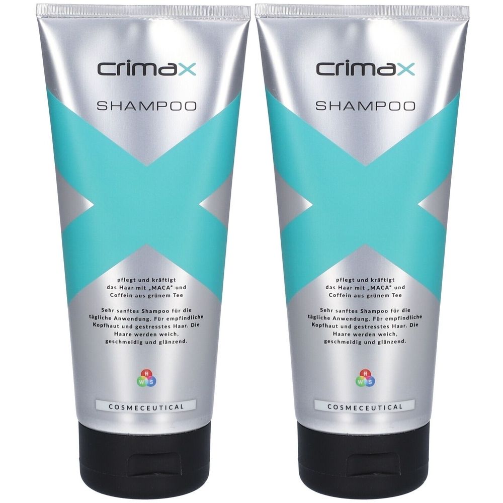 Zwei Tuben Shampoo. Silberne Tuben mit türkisfarbenem X-Design und schwarzem Deckel. Schriftzug: crimax SHAMPOO.