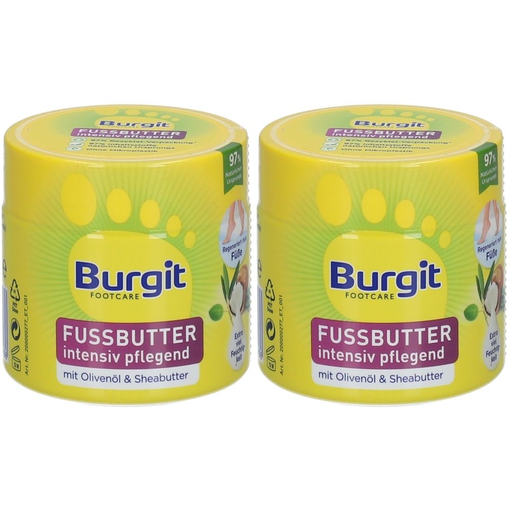Zwei gelbe Tiegel mit dem Aufdruck "Burgit FUSSBUTTER intensiv pflegend". Aufschrift mit Olivenöl & Sheabutter. Grün-gelbes Design.