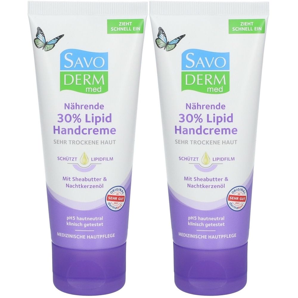 Zwei Tuben SAVODERM Handcreme. Weiße Tuben mit lila Verschluss. Text: 30% Lipid Handcreme, für sehr trockene Haut. Mit Zertifizierung.