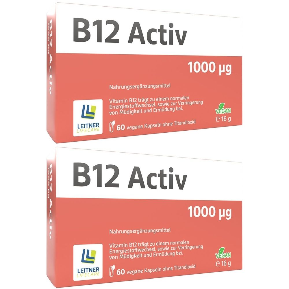 Zwei Packungen B12 Activ. Aufschrift: 1000 µg, 60 vegane Kapseln. Marke: LEITNER. Vegan-Siegel. Rote und weiße Verpackung.