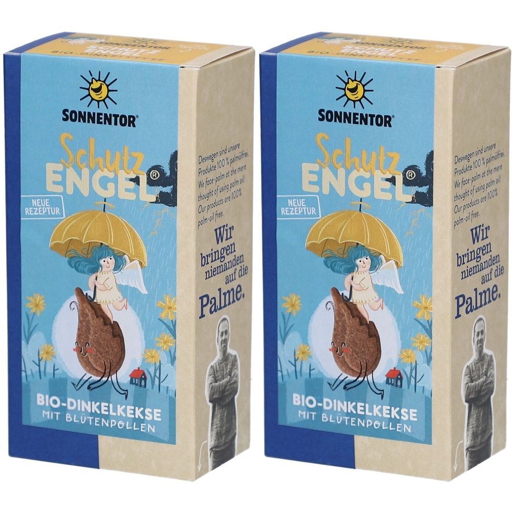 Zwei Kartons SonnentoR Schutzengel Kekse. Aufdruck mit Engel unter gelbem Schirm. Text: BIO-Dinkelkekse mit Blütenpollen.