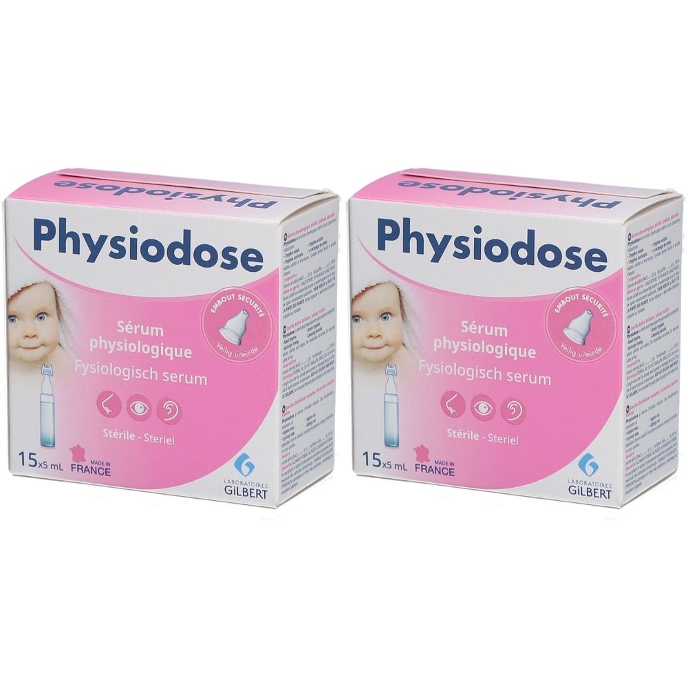 Zwei Kartons mit der Aufschrift "Physiodose". Rosa und weiße Verpackung mit Babygesicht und Produktinformationen.