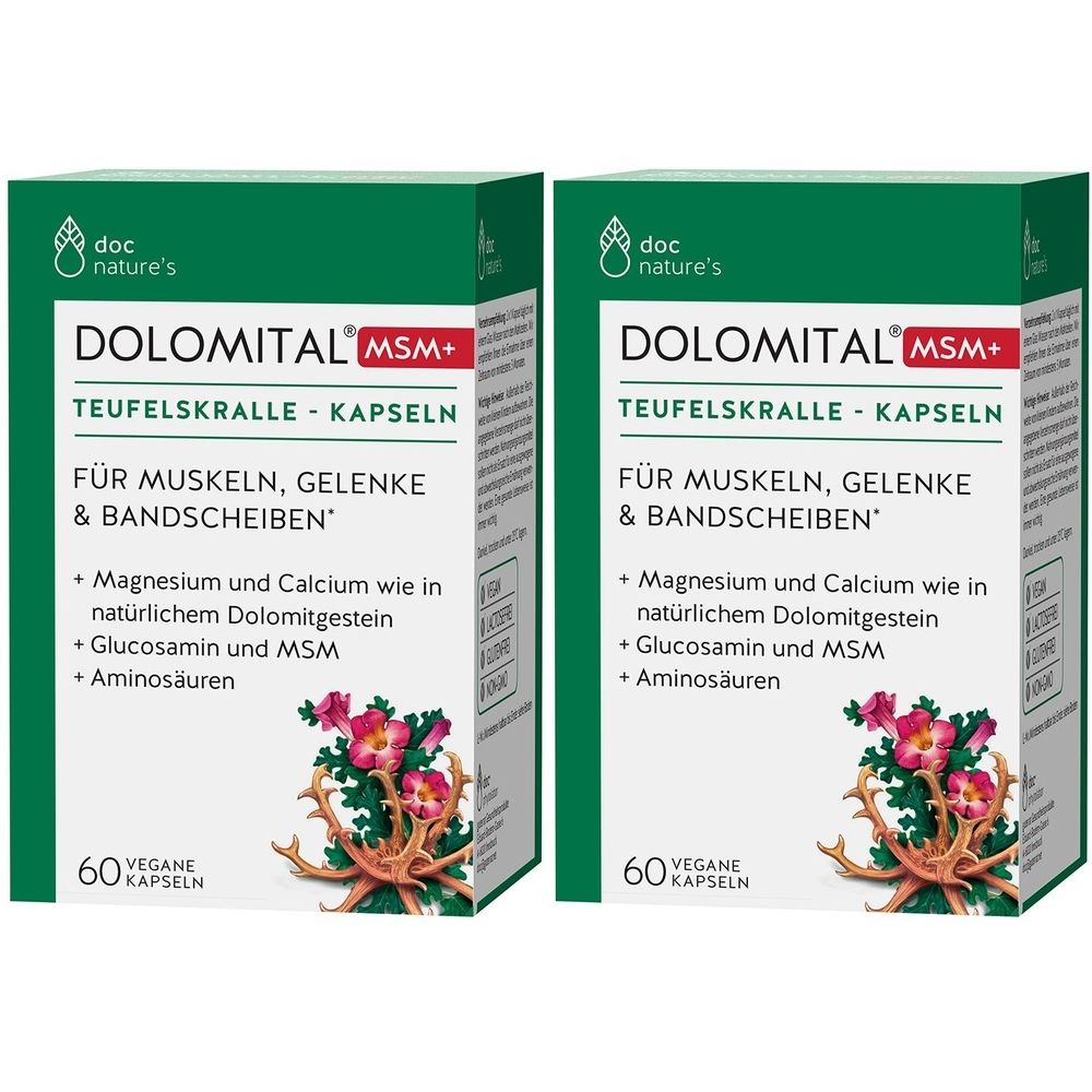 Zwei grüne Schachteln mit Aufschrift DOLOMITAL MSM+ und Teufelskralle-Kapseln. Text: Für Muskeln, Gelenke & Bandscheiben. 60 vegane Kapseln.