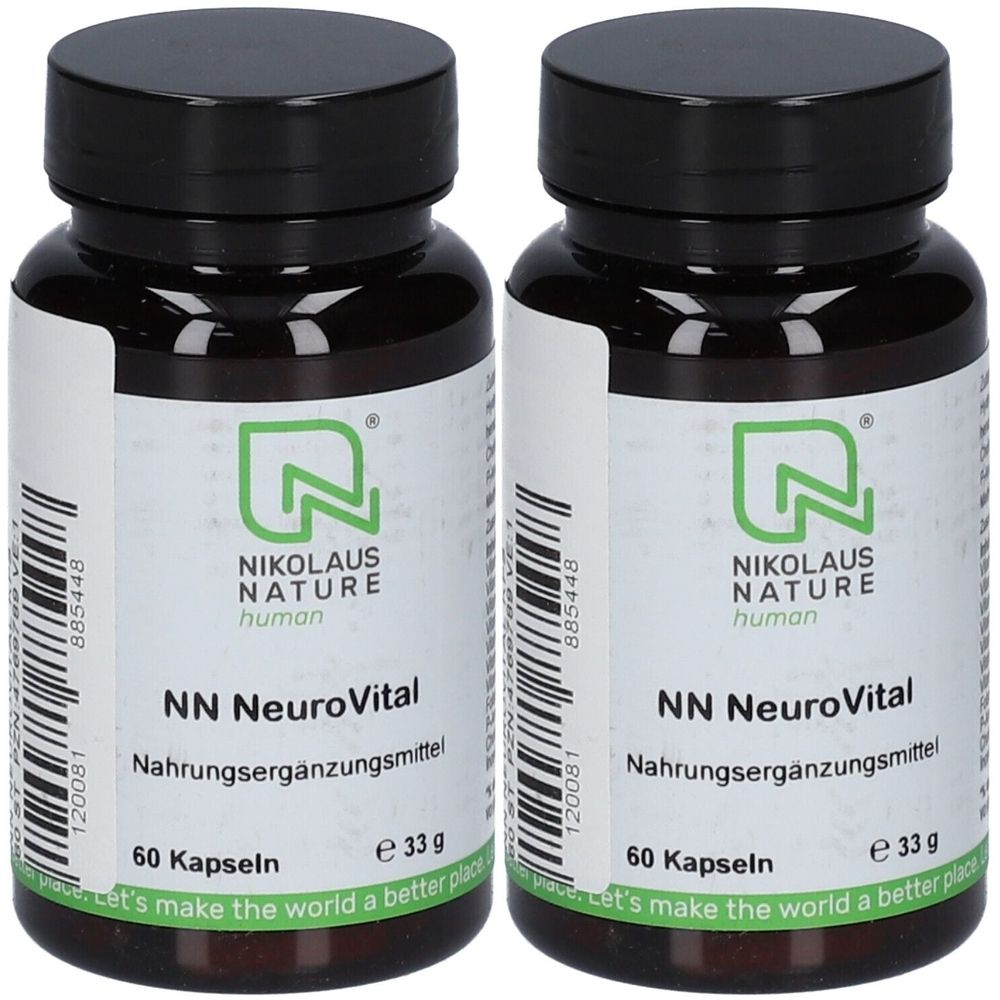 Zwei braune Flaschen mit schwarzen Deckeln. Auf den Etiketten steht "NN NeuroVital" und "Nahrungsergänzungsmittel".