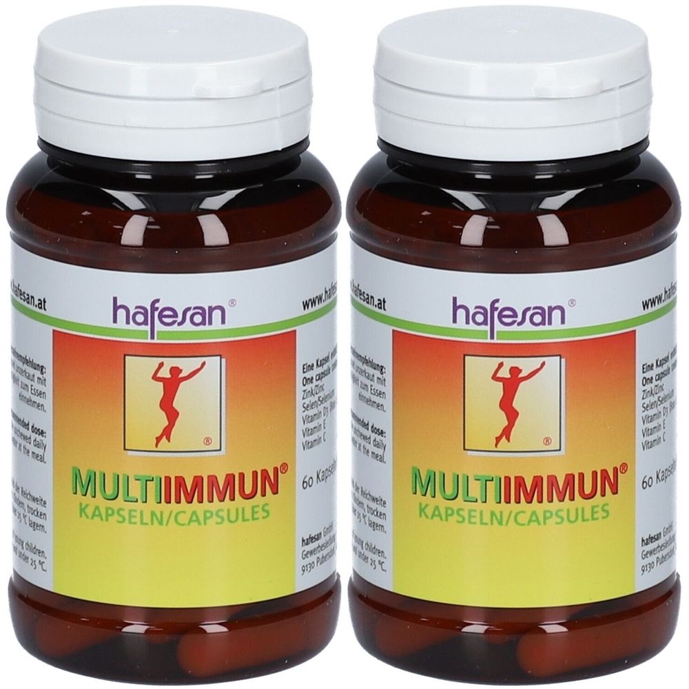 Zwei Flaschen hafesan® MULTIIMMUN® Kapseln. Braune Flaschen mit weißem Deckel. Aufschrift MULTIIMMUN® und Logo. 60 Kapseln.