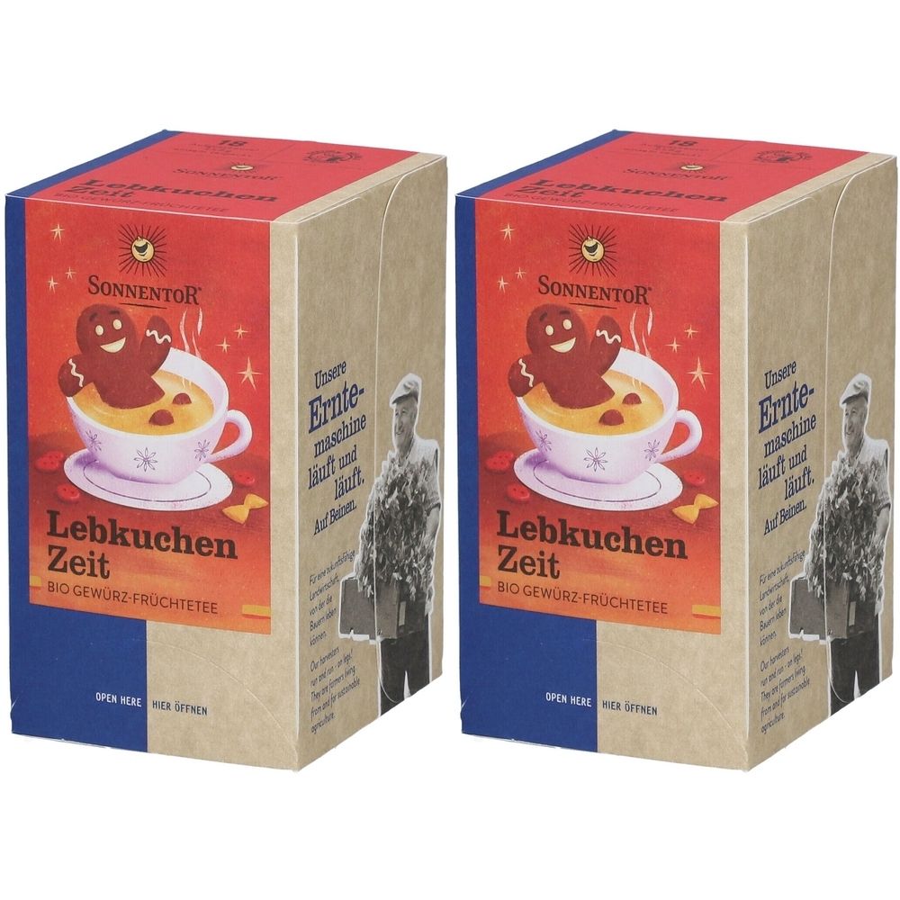 Zwei Kartons mit Lebkuchen Zeit Tee. Aufdruck: Lebkuchenmann in Tasse, SonnentoR Logo. Bio-Gewürz-Früchtetee.
