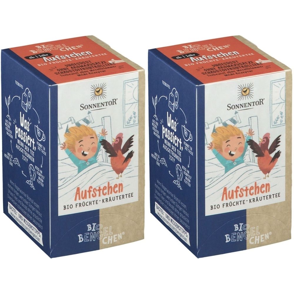 Zwei rechteckige Kartons. Aufschrift: Aufstehen, Bio Früchte-Kräutertee. Marke: SonnentoR. Illustration: Kind im Bett, Vogel.