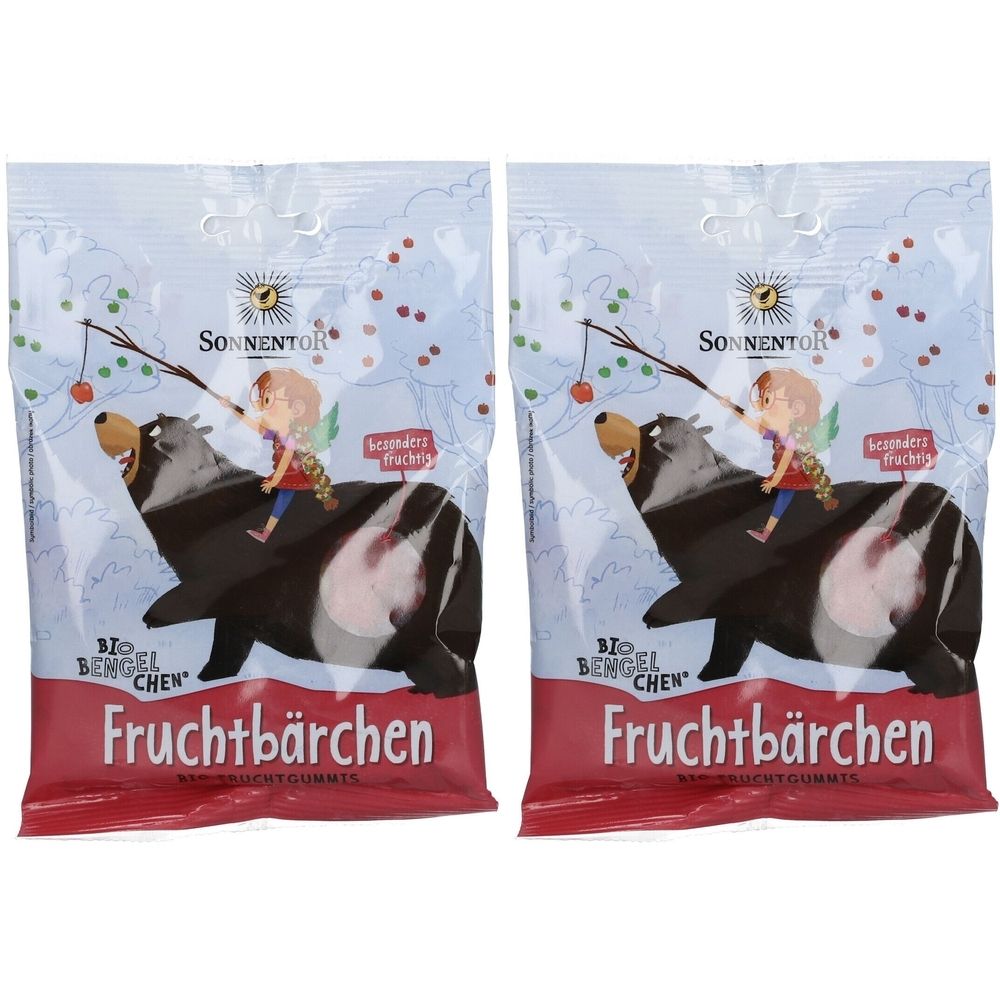 Zwei Beutel Fruchtbärchen. Verpackung mit Illustration eines Bären mit Kind. SonnentoR Logo oben. Roter Streifen unten mit Produktname.
