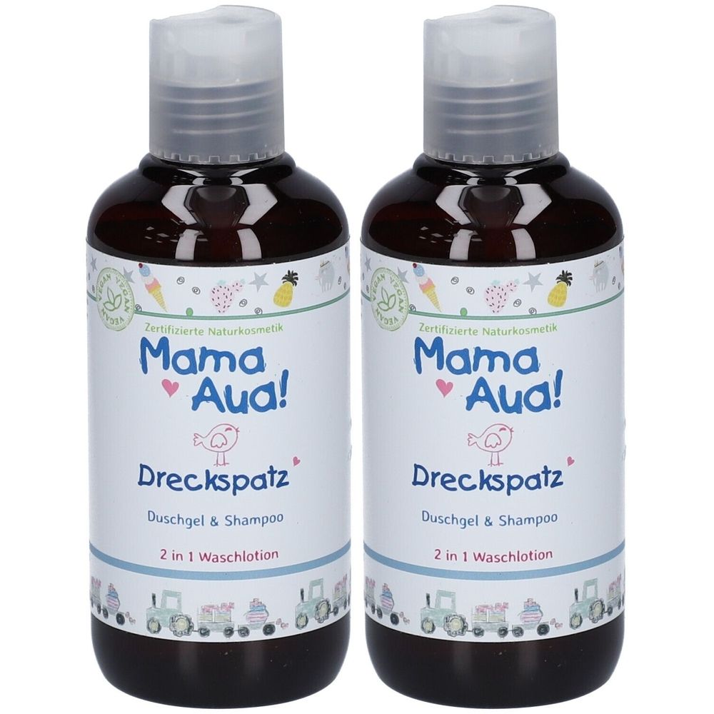 Zwei Flaschen Mama Aua! Drecksspatz Duschgel & Shampoo. Weiße Etiketten mit blauem Rand und kindlichen Illustrationen. Zertifizierte Naturkosmetik.