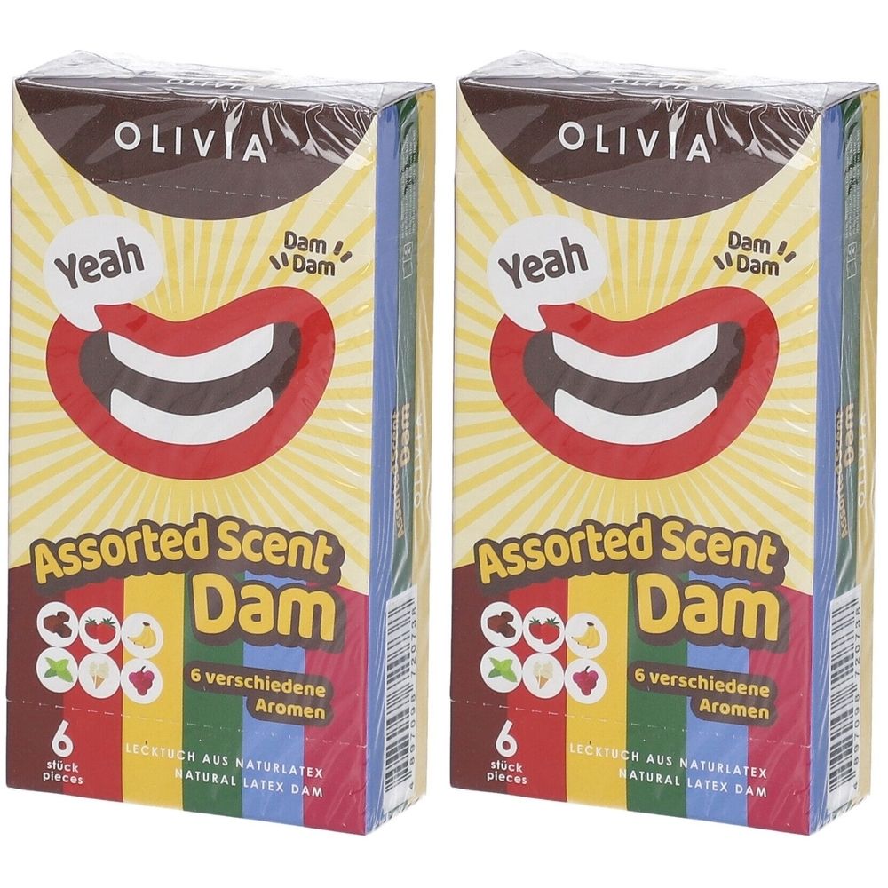 Zwei Packungen OLIVIA Lecktücher Mix. Verpackung mit Aufdruck: „Yeah“, „Assorted Scent Dam“, 6 Stück, 6 Aromen. Klare Folienverpackung.