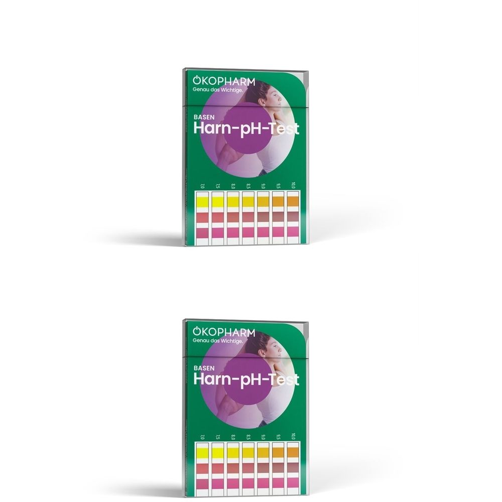 Zwei grüne Schachteln mit BASEN Harn-pH-Teststreifen. Aufdruck: ÖKOPHARM, pH-Farbskala.