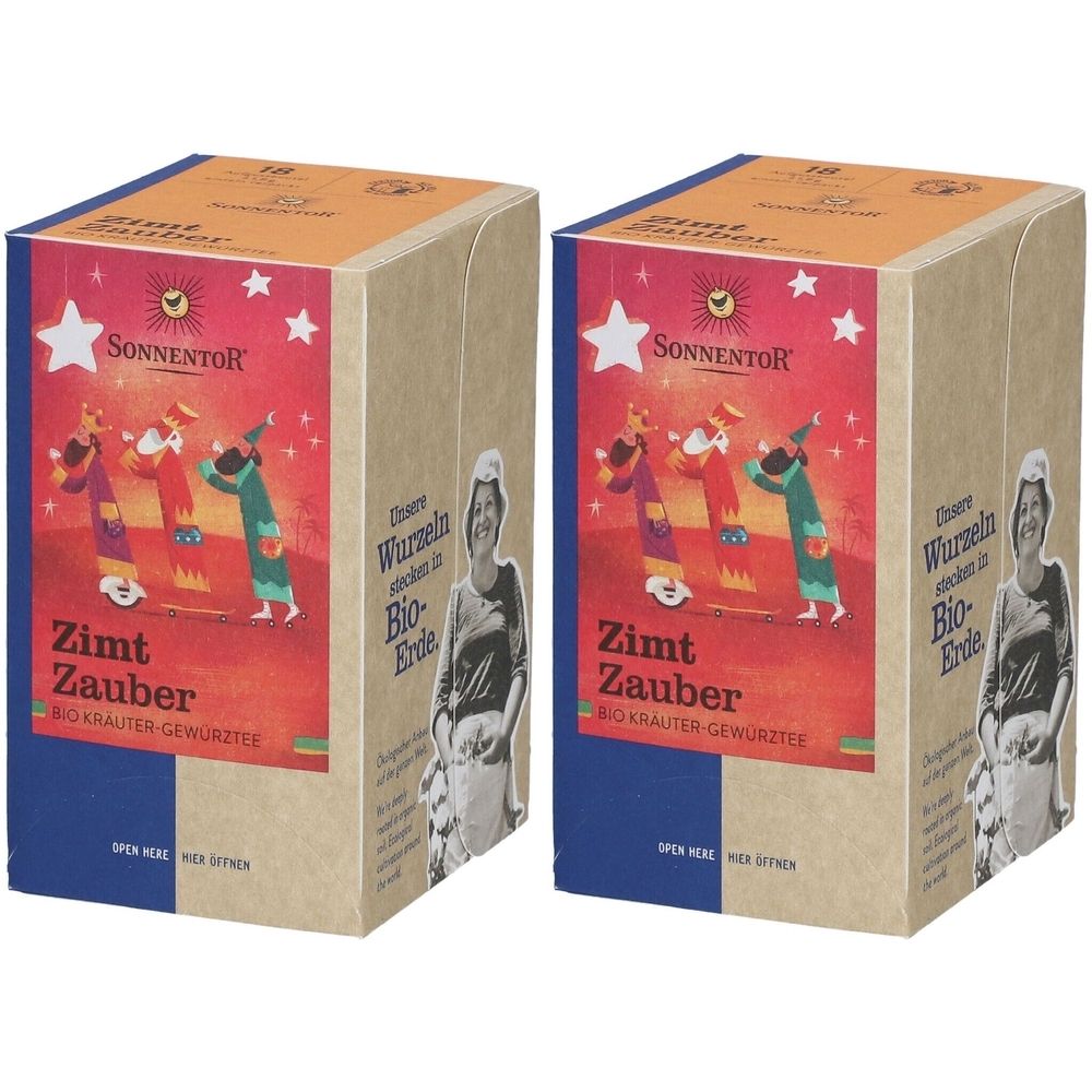 Zwei rechteckige Kartons mit SonnentoR-Logo und Zimt Zauber-Aufdruck. Aufdrucke in Deutsch. Illustration von Figuren und Sternen.