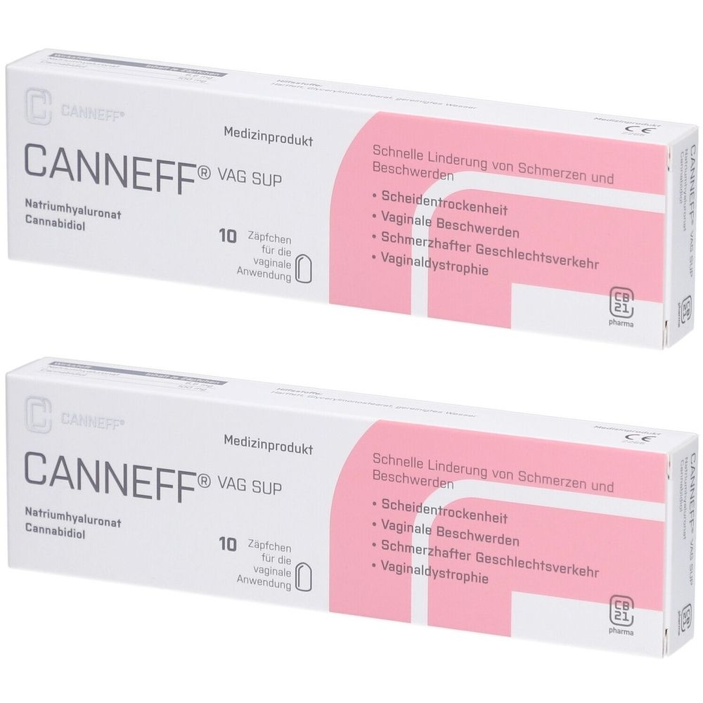 Zwei Packungen CANNEFF® VAG SUP. Weiße Schachteln mit rosa Akzenten. Aufdruck: 10 Zäpfchen, Natriumhyaluronat, Cannabidiol.