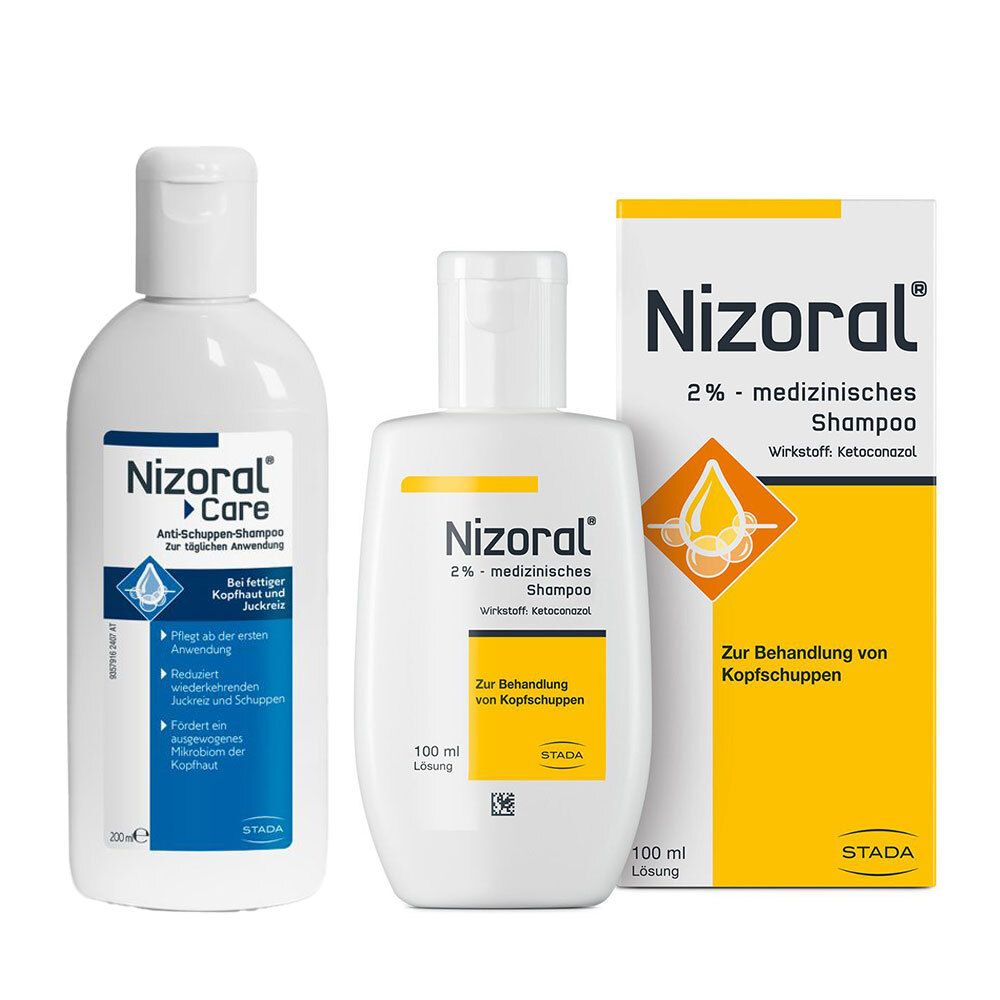 Drei Produkte: Nizoral Care Shampoo, Nizoral 2% Shampoo und eine Schachtel. Alle Produkte sind weiß mit gelben Akzenten und der Aufschrift Nizoral.