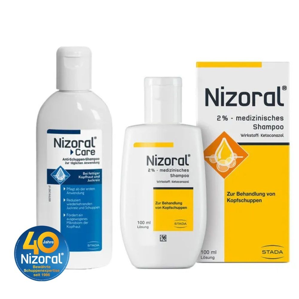 Nizoral 2% medizinisches Shampoo und Nizoral Care Anti-Schuppen-Shampoo, mit 40 Jahre Jubiläumslogo.