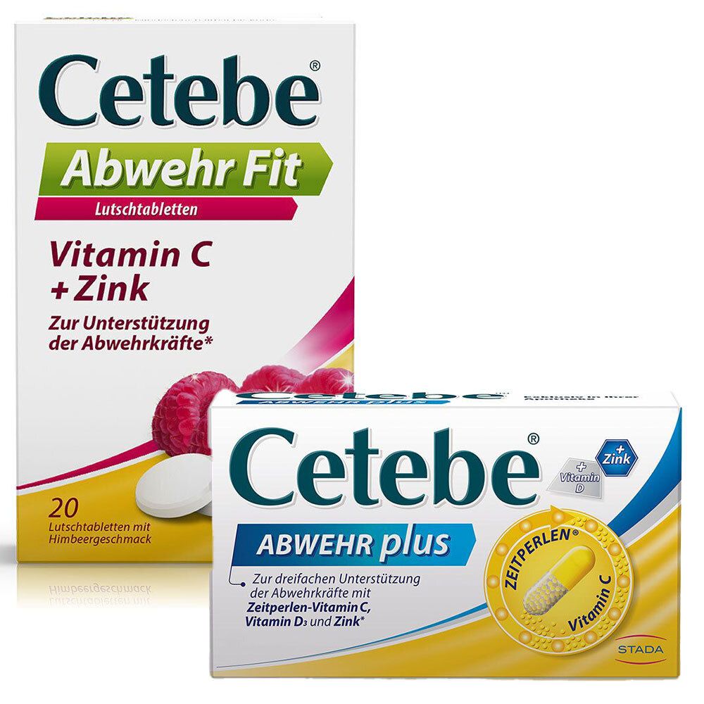 Zwei Produktverpackungen von Cetebe® Abwehr Fit + Cetebe® ABWEHR plus. Beide zeigen Produktnamen, Logos und Inhaltsangaben. Himbeeren und Tabletten sind abgebildet.