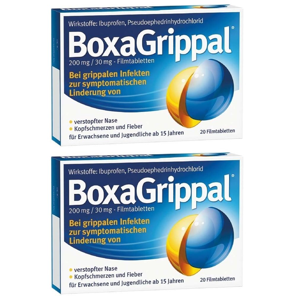 Zwei Schachteln BoxaGrippal Filmtabletten. Blaue und weiße Verpackung mit Produktnamen und Inhaltsstoffen. 20 Filmtabletten pro Schachtel.