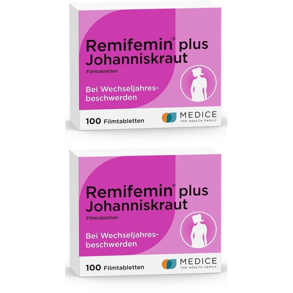 Zwei Packungen Remifemin plus Johanniskraut Filmtabletten. Rosa-weiße Schachteln mit Produktnamen, Logo und Text. 100 Filmtabletten.