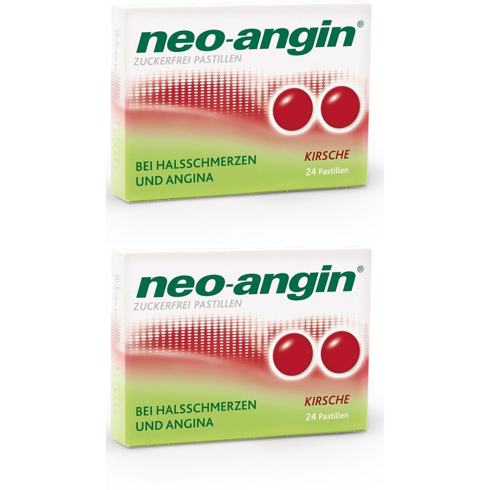 Zwei Schachteln neo-angin® Kirsche zuckerfrei. Weiße Verpackung mit grünem und rotem Farbverlauf. Text: Bei Halsschmerzen und Angina, 24 Pastillen.