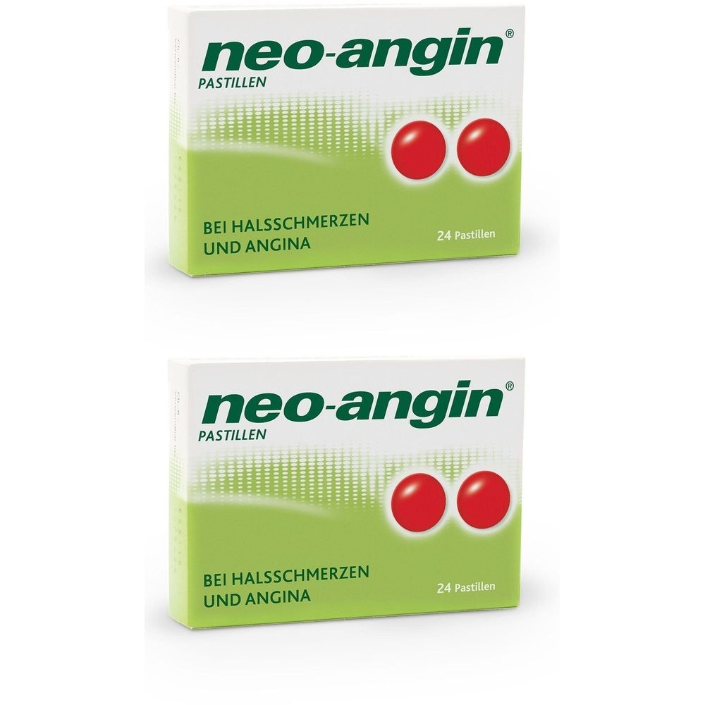 Zwei Schachteln neo-angin Pastillen. Weißer Karton mit grünem Feld und rotem Logo. Text: Bei Halsschmerzen und Angina. 24 Pastillen.