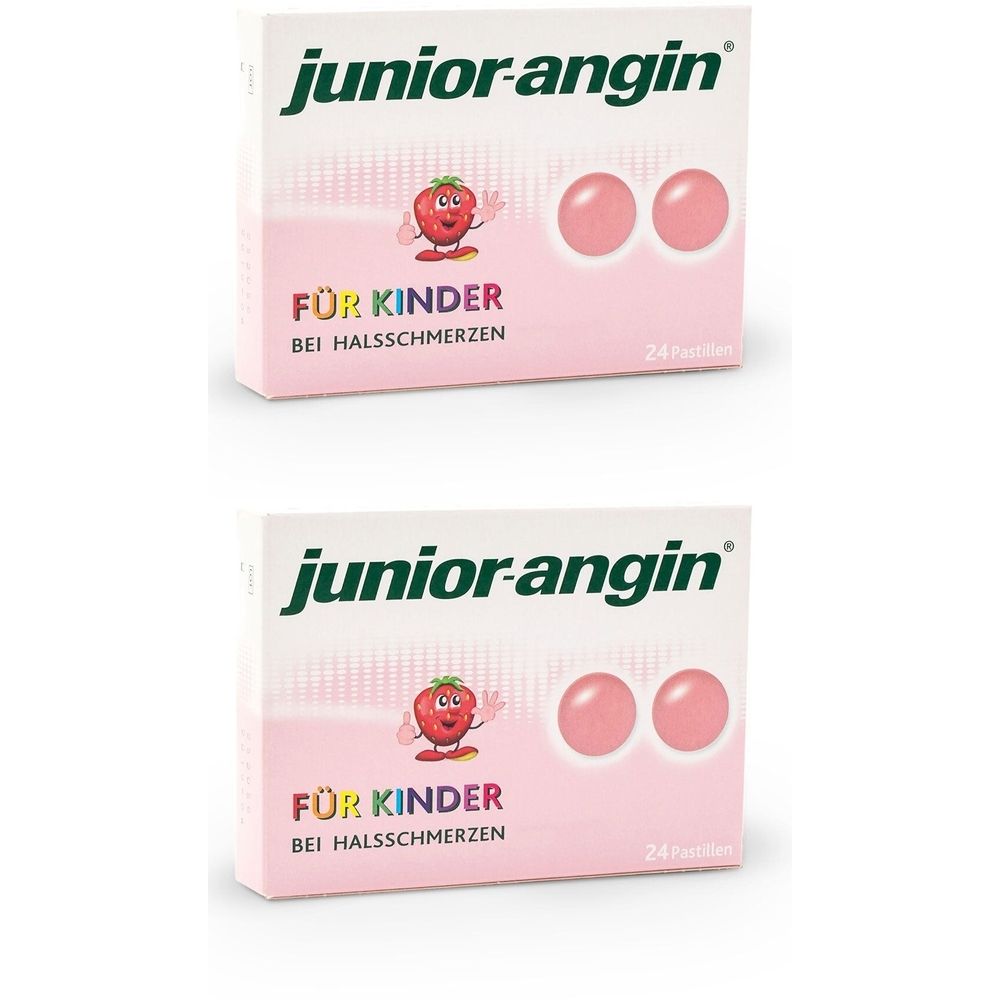 Zwei Packungen junior-angin. Aufschrift: Für Kinder bei Halsschmerzen. Abbildung: Erdbeere. Zwei rosa Pastillen.