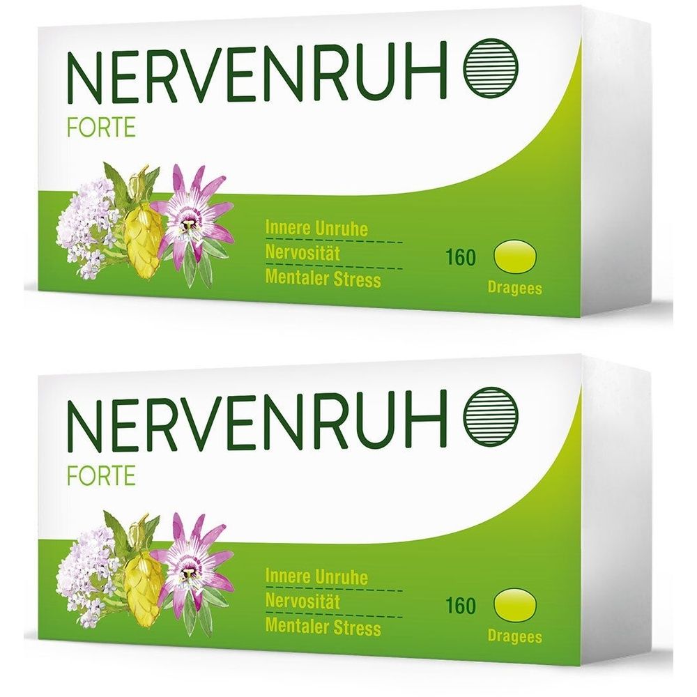 Zwei Schachteln NERVENRUH FORTE. Weiße Verpackung mit grünem Akzent. Text: Innere Unruhe, Nervosität, Mentaler Stress. 160 Dragees.