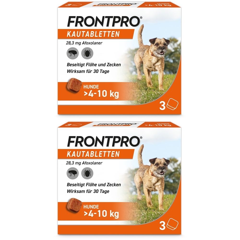 Zwei Packungen FRONTPRO Kautabletten für Hunde. Jede Packung enthält drei Tabletten. Aufdruck: "Beseitigt Flöhe und Zecken".