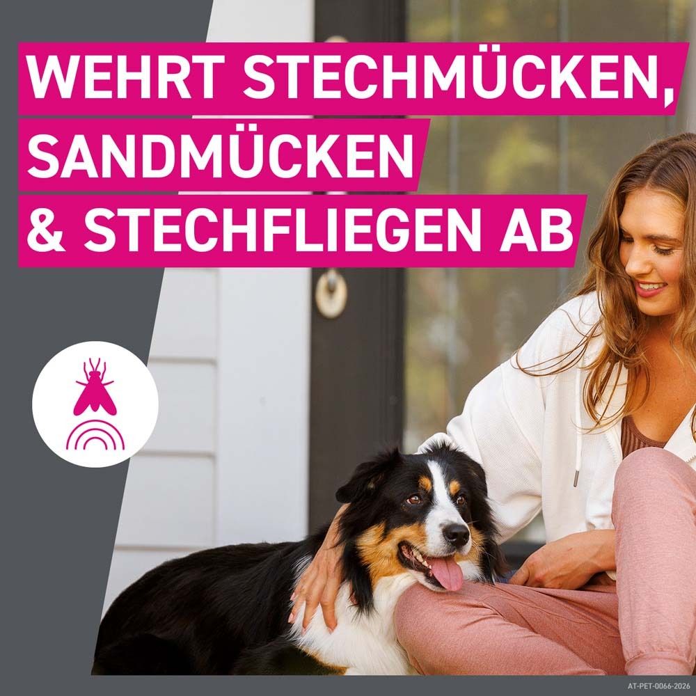 Frau mit Hund. Text: Wehrt Stechmücken, Sandmücken & Stechfliegen ab. Abbildung einer Mücken-Ikone in einem rosa Kreis.